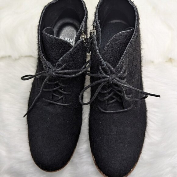 Eileen Fisher Crew Felted Lace-Up Bootie black wool comfy wedge heel zip 5.5 Sz9 - Picture 7 of 11